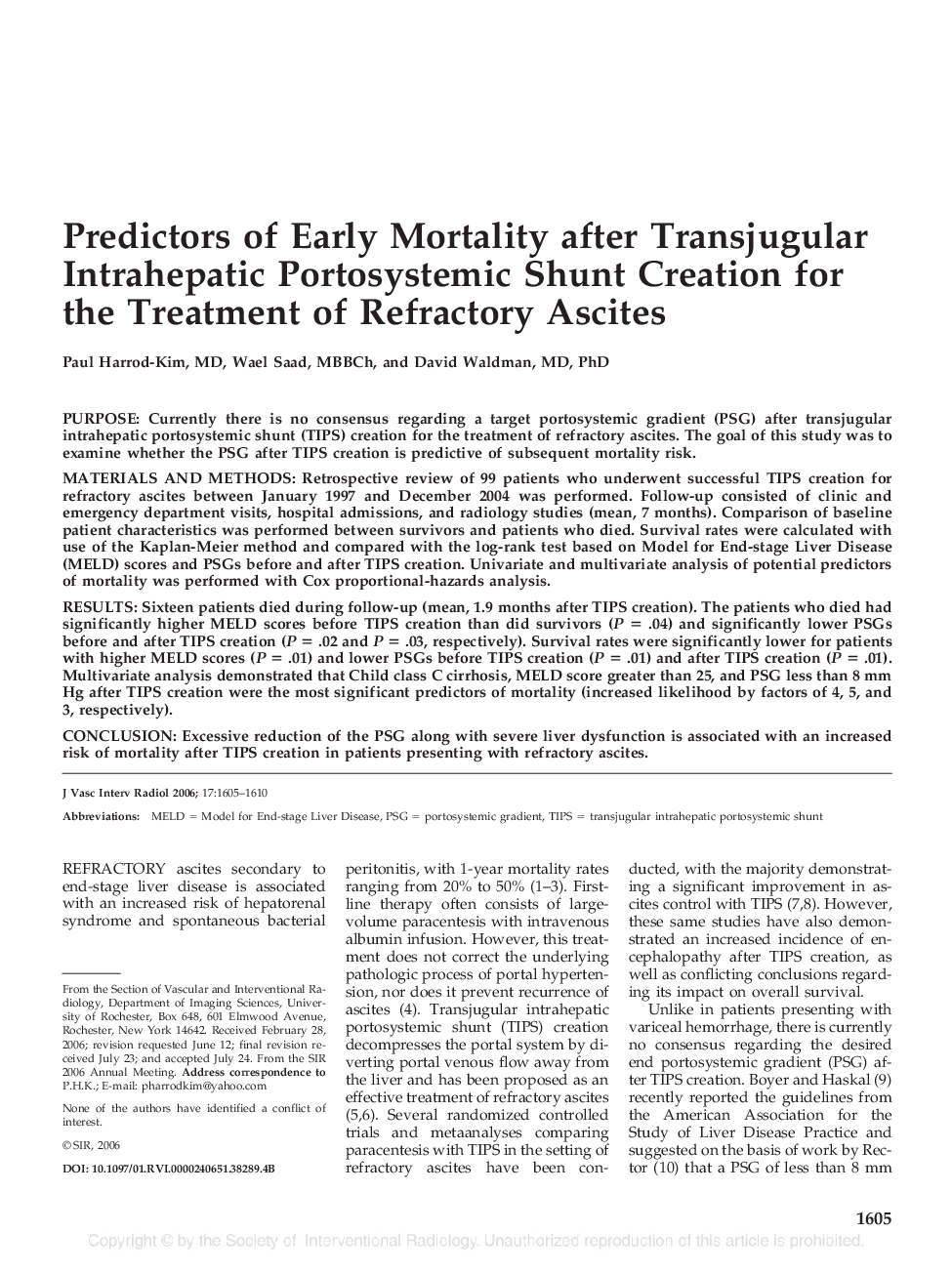 Predictors of Early Mortality after Transjugular Intrahepatic Portosystemic Shunt Creation for the Treatment of Refractory Ascites