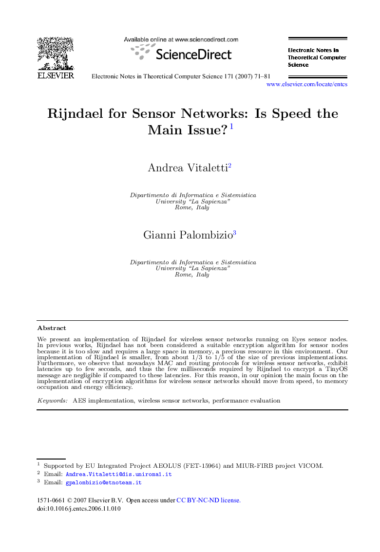 Rijndael for Sensor Networks: Is Speed the Main Issue? 1