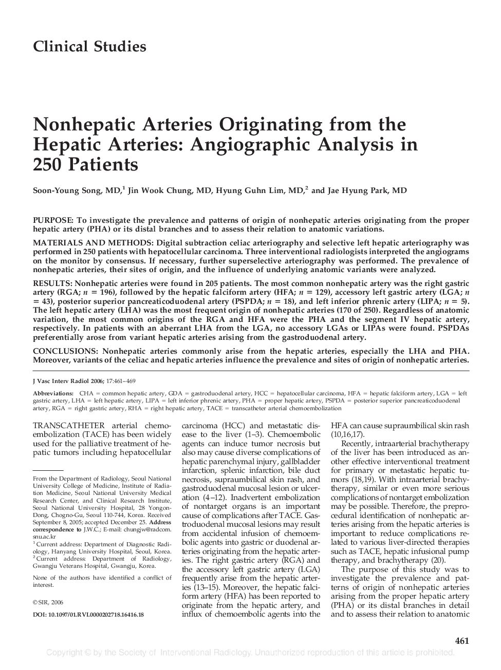 Nonhepatic Arteries Originating from the Hepatic Arteries: Angiographic Analysis in 250 Patients