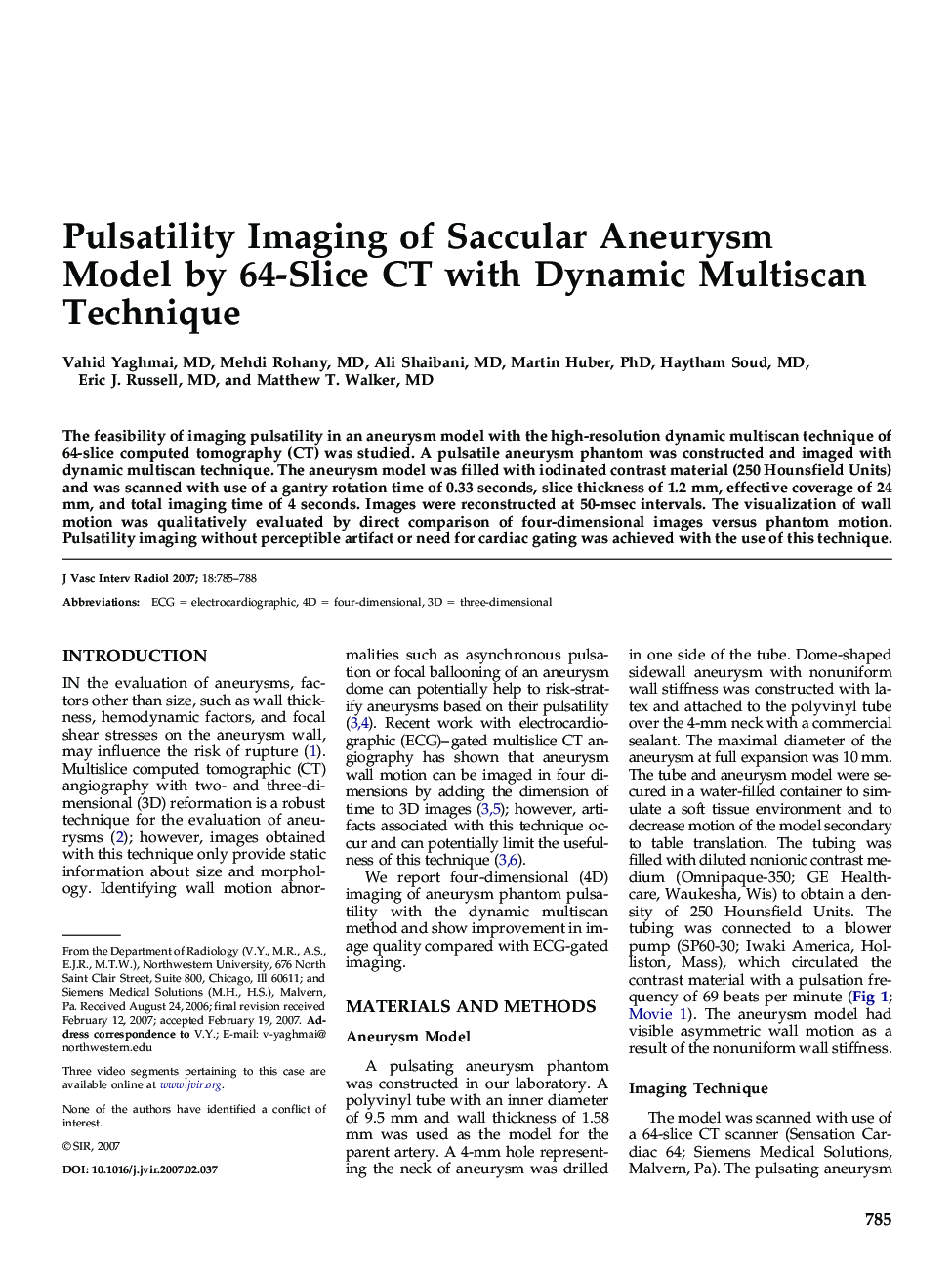 Pulsatility Imaging of Saccular Aneurysm Model by 64-Slice CT with Dynamic Multiscan Technique