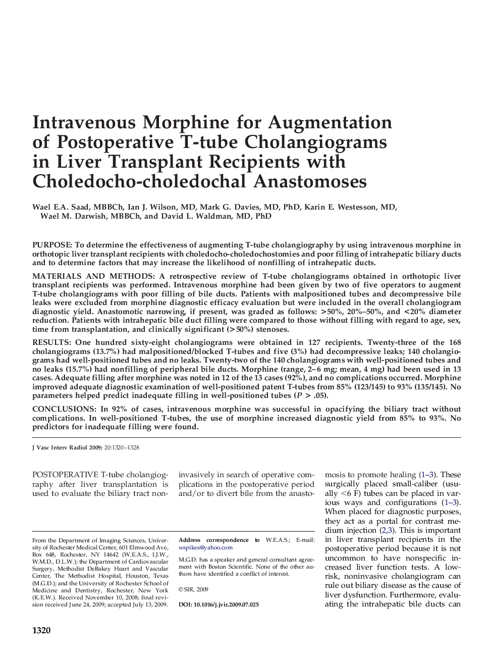Intravenous Morphine for Augmentation of Postoperative T-tube Cholangiograms in Liver Transplant Recipients with Choledocho-choledochal Anastomoses