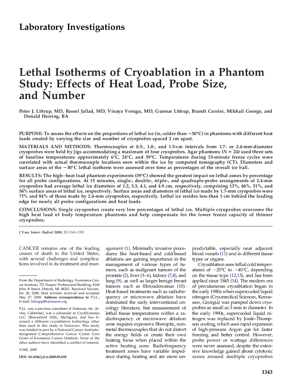 Lethal Isotherms of Cryoablation in a Phantom Study: Effects of Heat Load, Probe Size, and Number