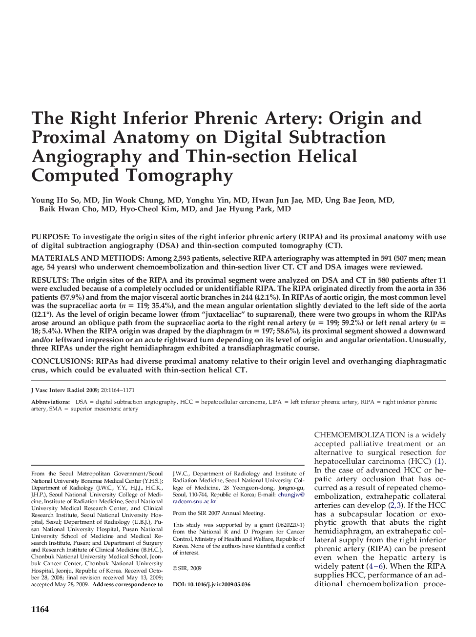 The Right Inferior Phrenic Artery: Origin and Proximal Anatomy on Digital Subtraction Angiography and Thin-section Helical Computed Tomography