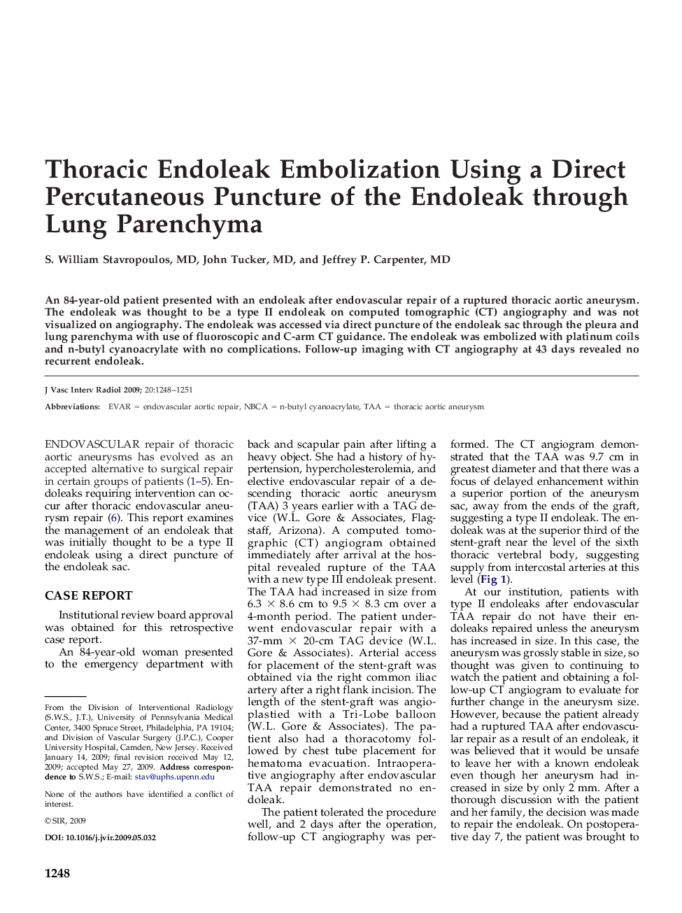 Thoracic Endoleak Embolization Using a Direct Percutaneous Puncture of the Endoleak through Lung Parenchyma