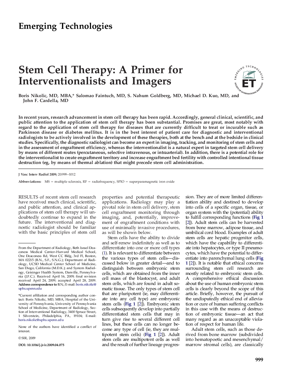 Stem Cell Therapy: A Primer for Interventionalists and Imagers