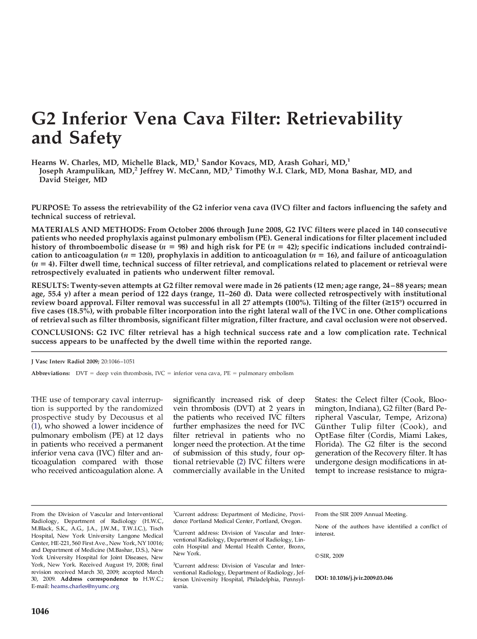 G2 Inferior Vena Cava Filter: Retrievability and Safety