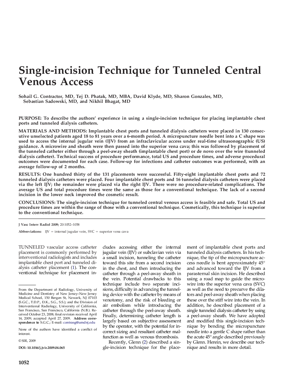 Single-incision Technique for Tunneled Central Venous Access