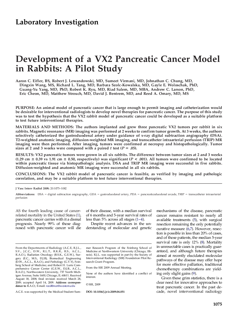 Development of a VX2 Pancreatic Cancer Model in Rabbits: A Pilot Study