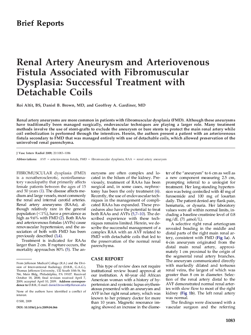 Renal Artery Aneurysm and Arteriovenous Fistula Associated with Fibromuscular Dysplasia: Successful Treatment with Detachable Coils