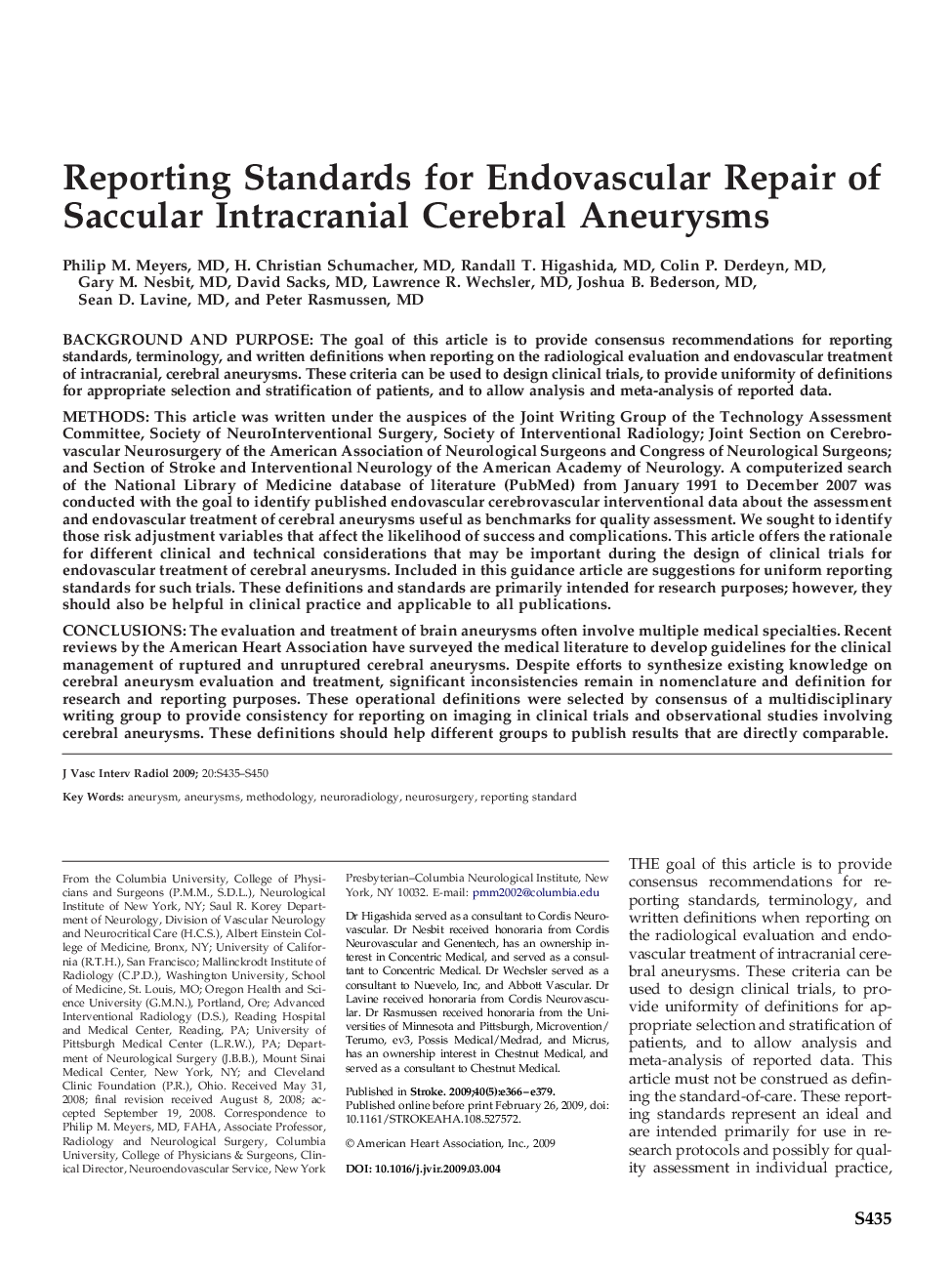 Reporting Standards for Endovascular Repair of Saccular Intracranial Cerebral Aneurysms