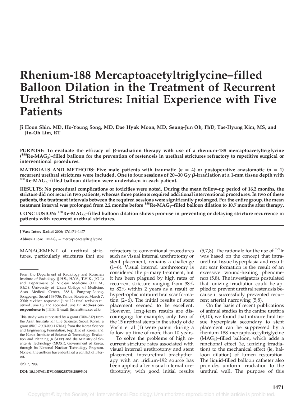 Rhenium-188 Mercaptoacetyltriglycine-filled Balloon Dilation in the Treatment of Recurrent Urethral Strictures: Initial Experience with Five Patients