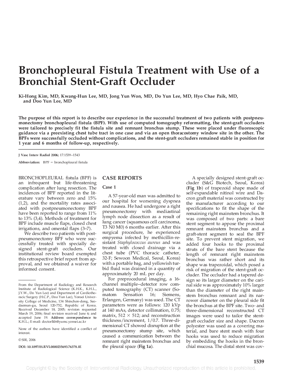 Bronchopleural Fistula Treatment with Use of a Bronchial Stent-Graft Occluder