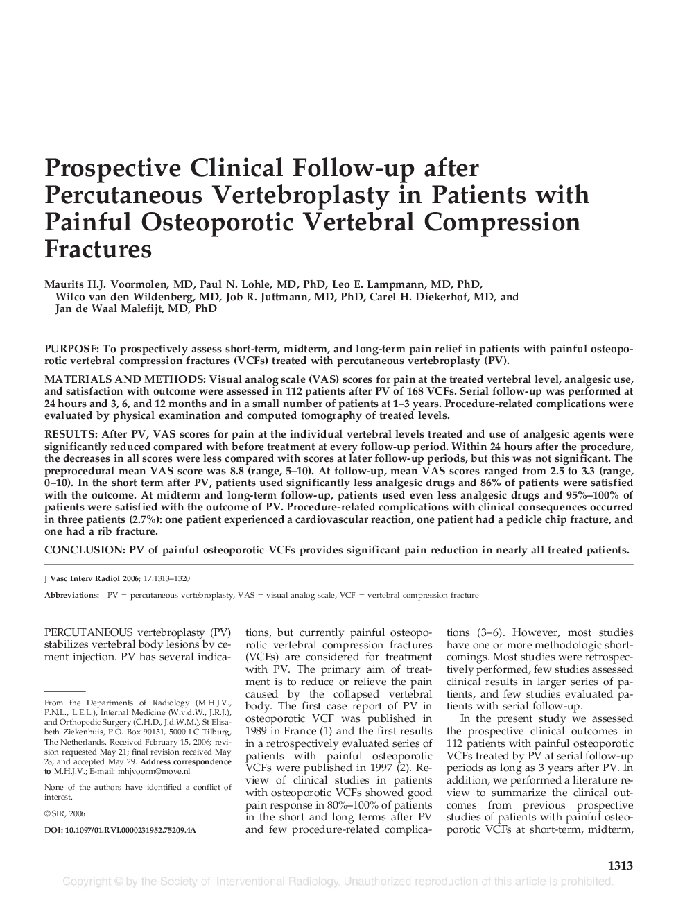 Prospective Clinical Follow-up after Percutaneous Vertebroplasty in Patients with Painful Osteoporotic Vertebral Compression Fractures