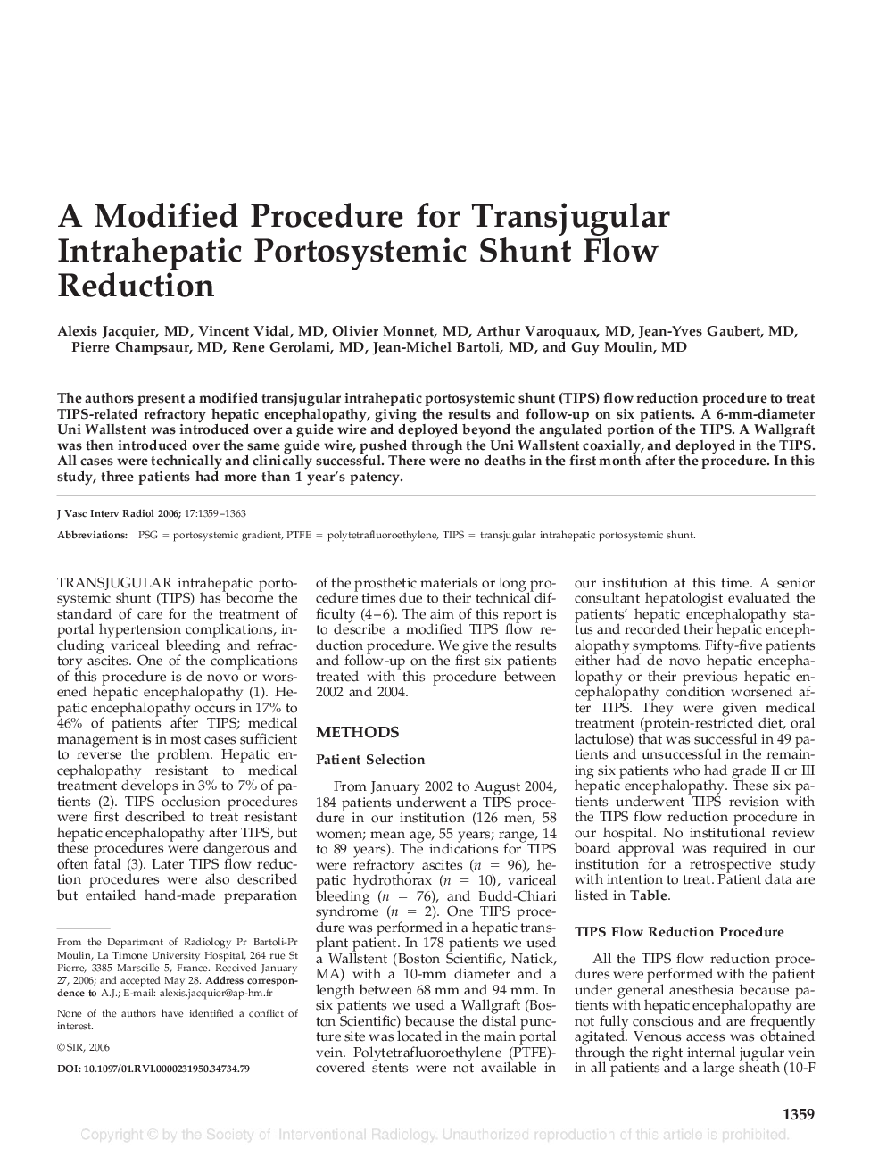 A Modified Procedure for Transjugular Intrahepatic Portosystemic Shunt Flow Reduction