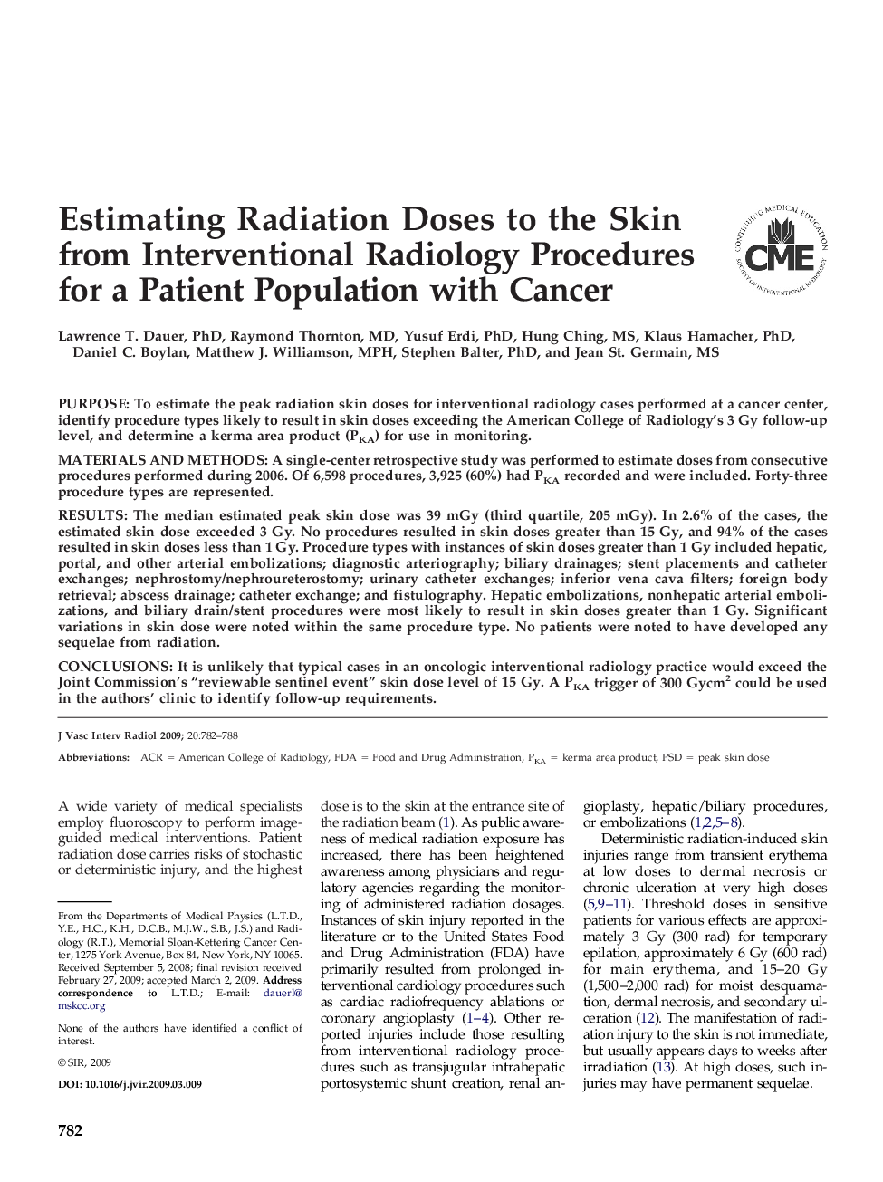 Estimating Radiation Doses to the Skin from Interventional Radiology Procedures for a Patient Population with Cancer