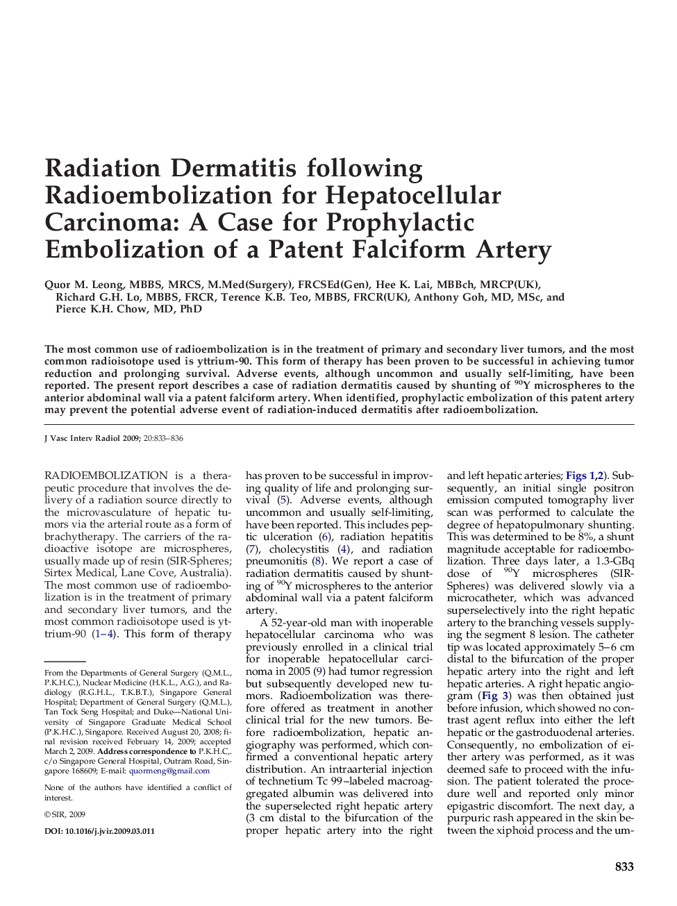 Radiation Dermatitis following Radioembolization for Hepatocellular Carcinoma: A Case for Prophylactic Embolization of a Patent Falciform Artery