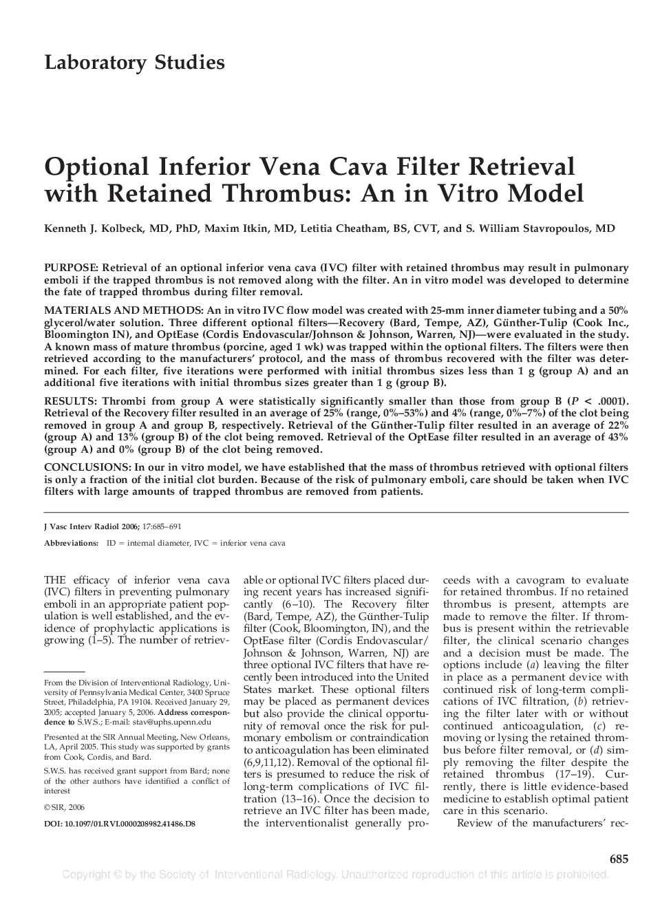 Optional Inferior Vena Cava Filter Retrieval with Retained Thrombus: An in Vitro Model