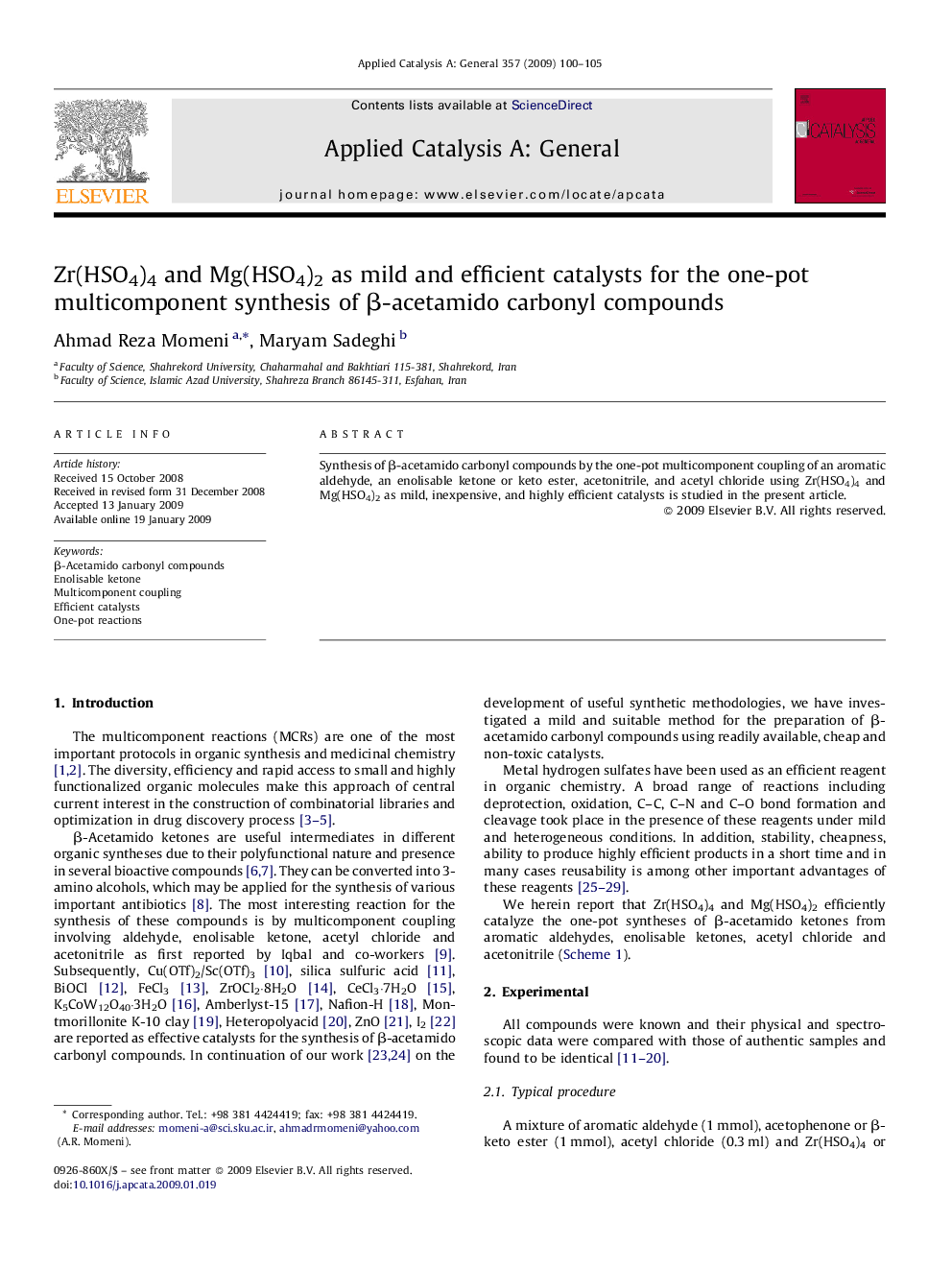 Zr(HSO4)4 and Mg(HSO4)2 as mild and efficient catalysts for the one-pot multicomponent synthesis of β-acetamido carbonyl compounds