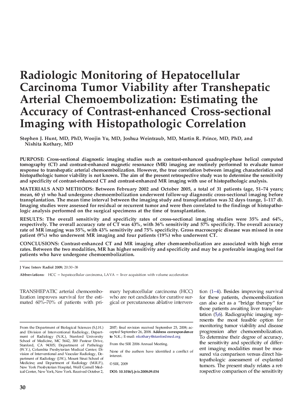 Radiologic Monitoring of Hepatocellular Carcinoma Tumor Viability after Transhepatic Arterial Chemoembolization: Estimating the Accuracy of Contrast-enhanced Cross-sectional Imaging with Histopathologic Correlation