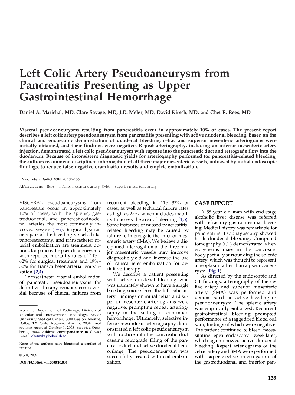 Left Colic Artery Pseudoaneurysm from Pancreatitis Presenting as Upper Gastrointestinal Hemorrhage