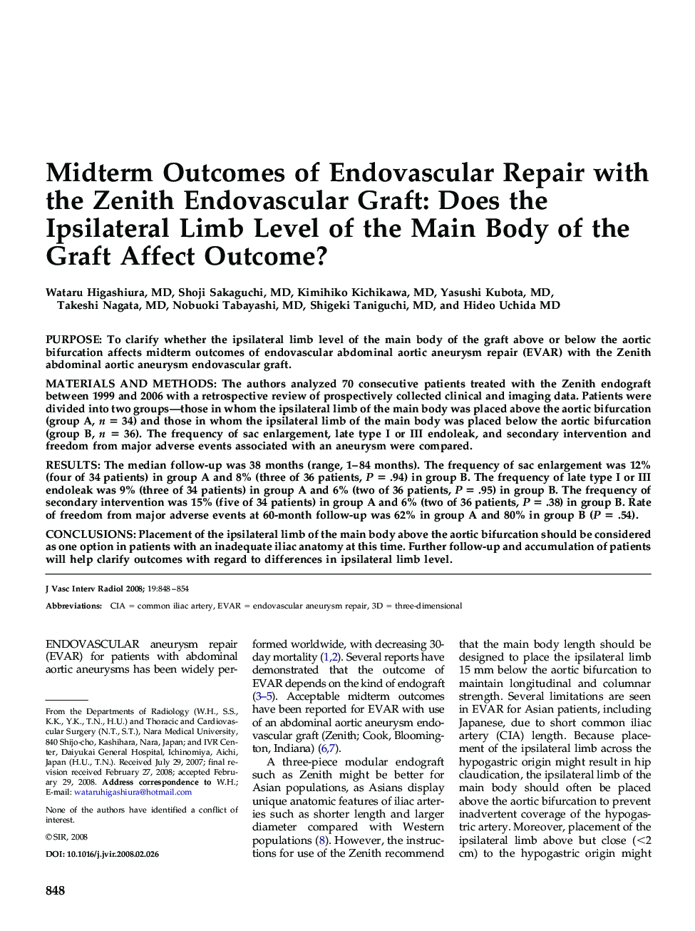 Midterm Outcomes of Endovascular Repair with the Zenith Endovascular Graft: Does the Ipsilateral Limb Level of the Main Body of the Graft Affect Outcome?