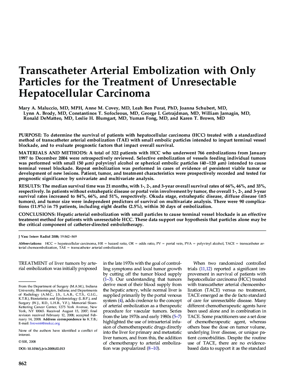 Transcatheter Arterial Embolization with Only Particles for the Treatment of Unresectable Hepatocellular Carcinoma