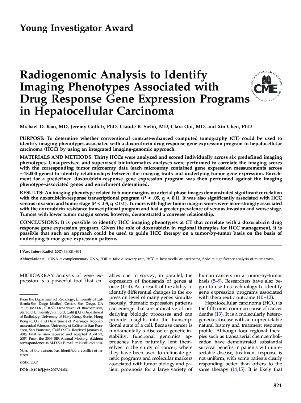 Radiogenomic Analysis to Identify Imaging Phenotypes Associated with Drug Response Gene Expression Programs in Hepatocellular Carcinoma