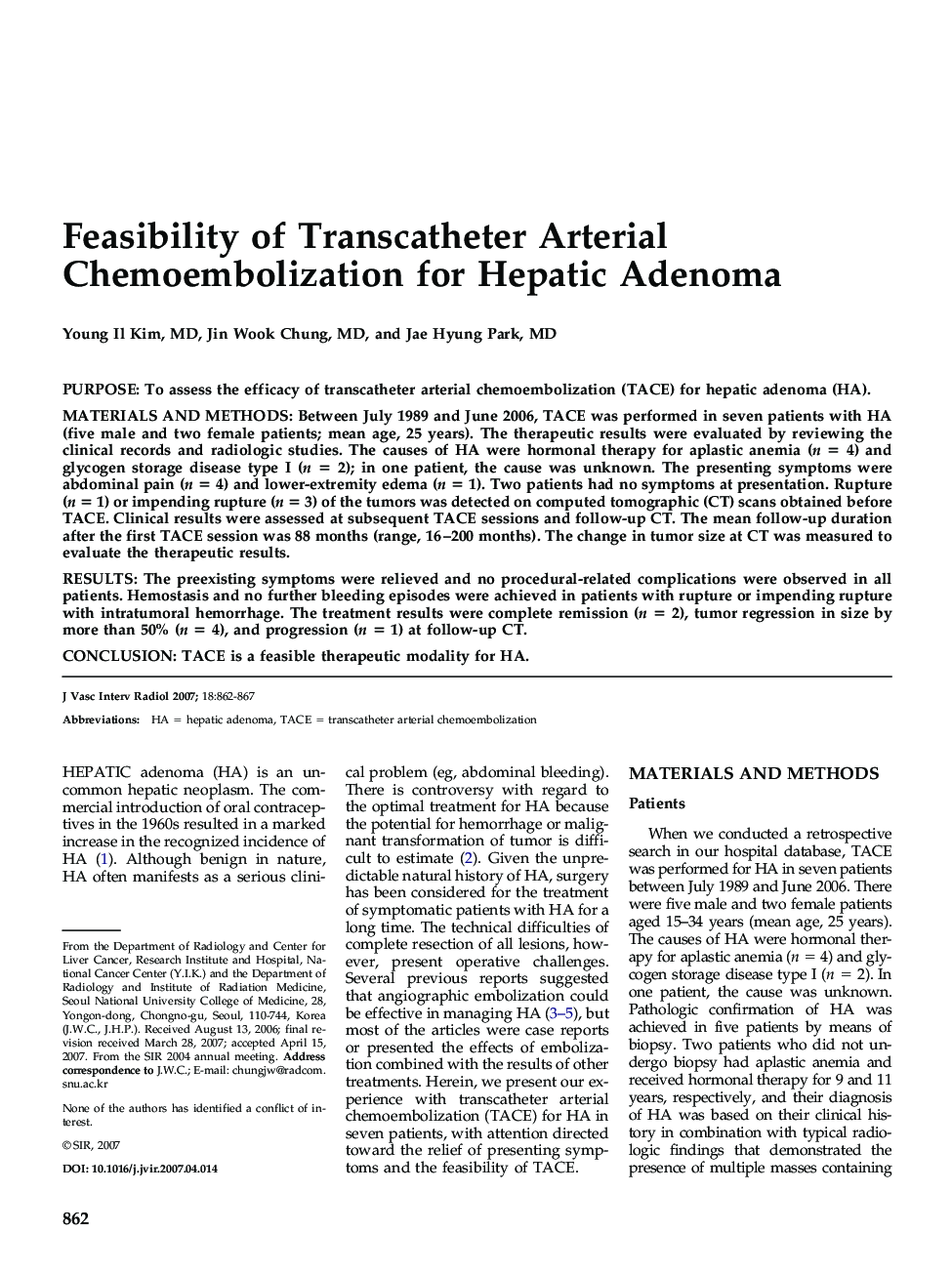 Feasibility of Transcatheter Arterial Chemoembolization for Hepatic Adenoma