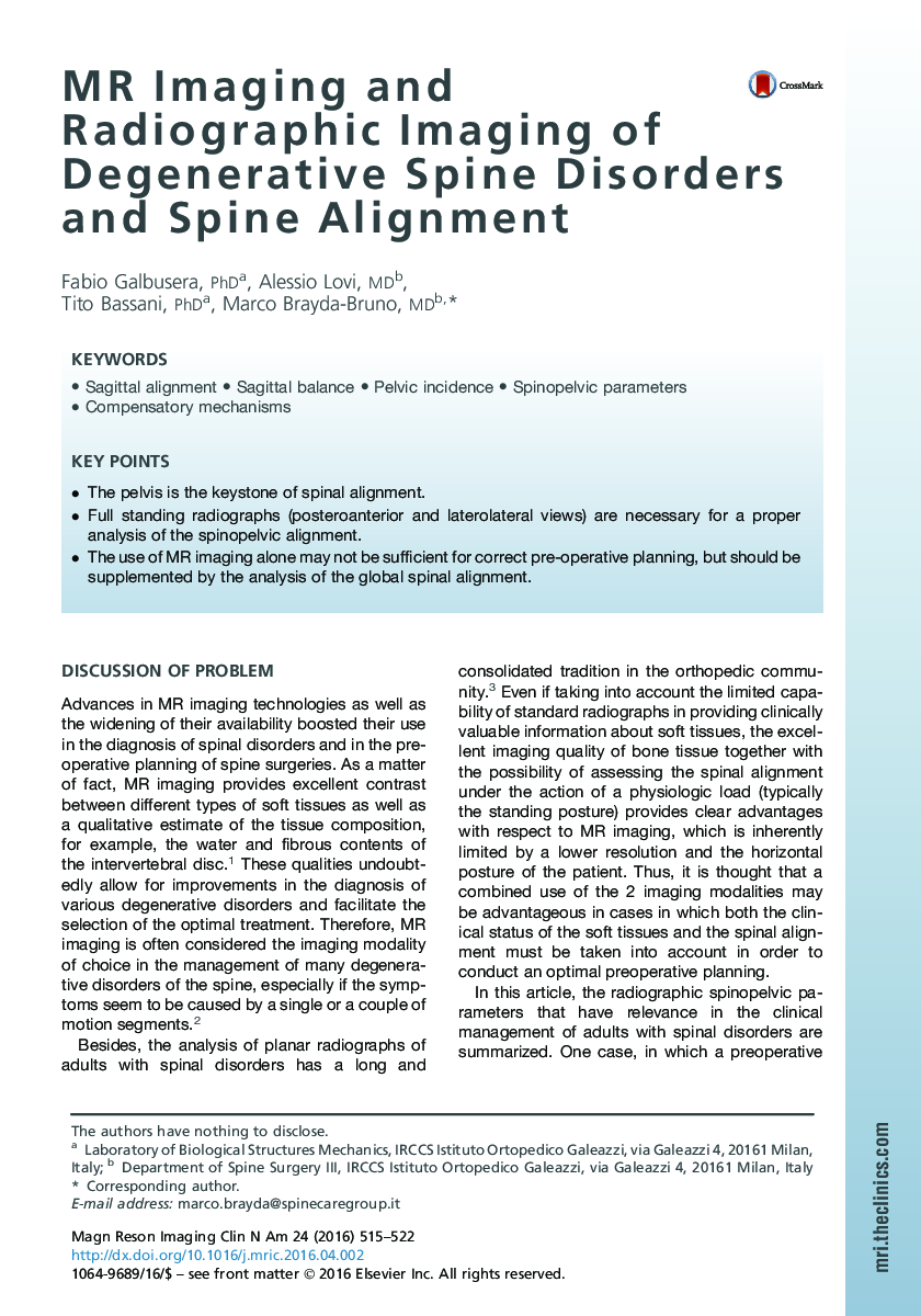 MR Imaging and Radiographic Imaging of Degenerative Spine Disorders and Spine Alignment