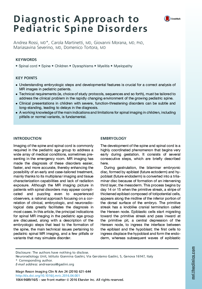 Diagnostic Approach to Pediatric Spine Disorders