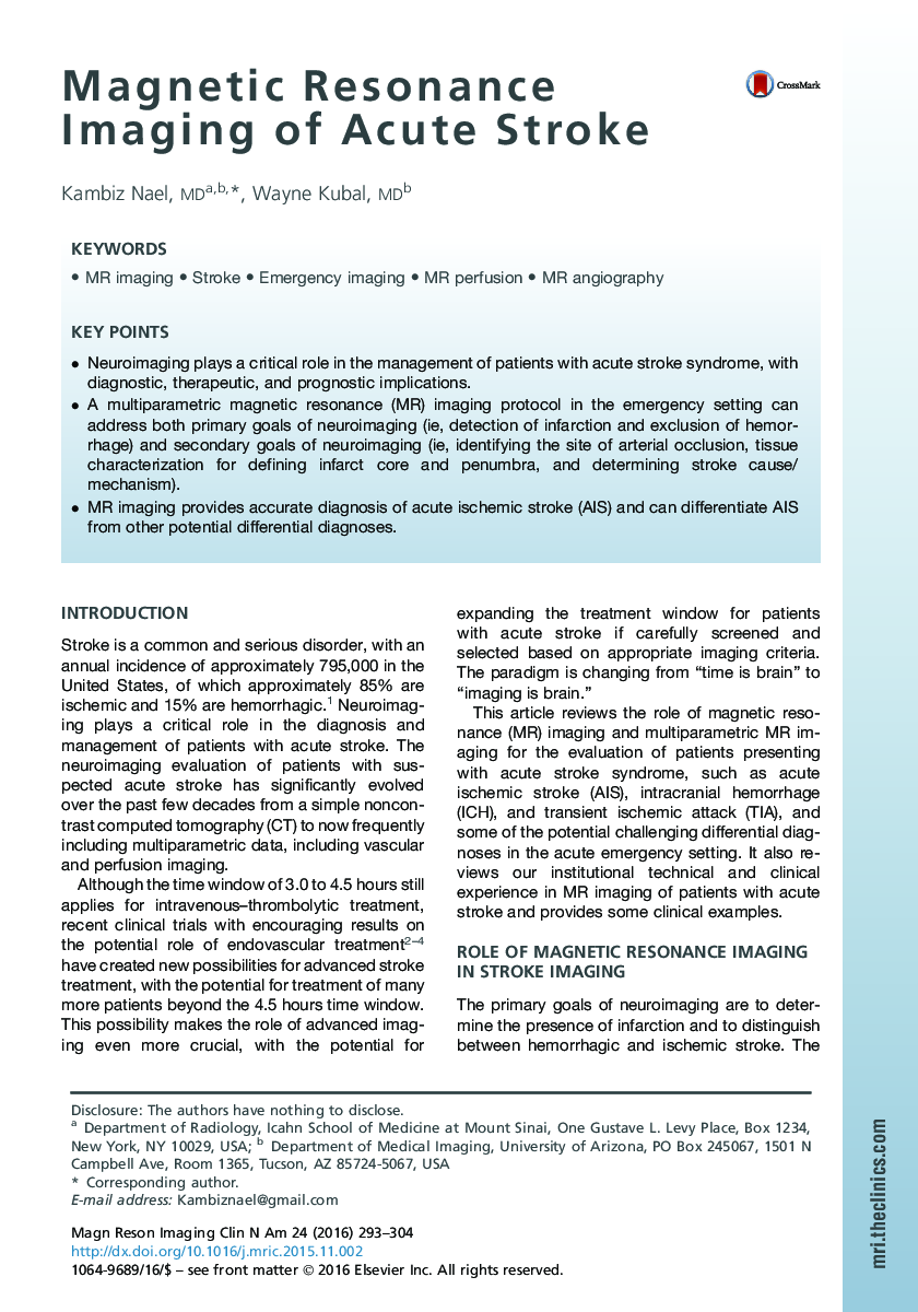 Magnetic Resonance Imaging of Acute Stroke