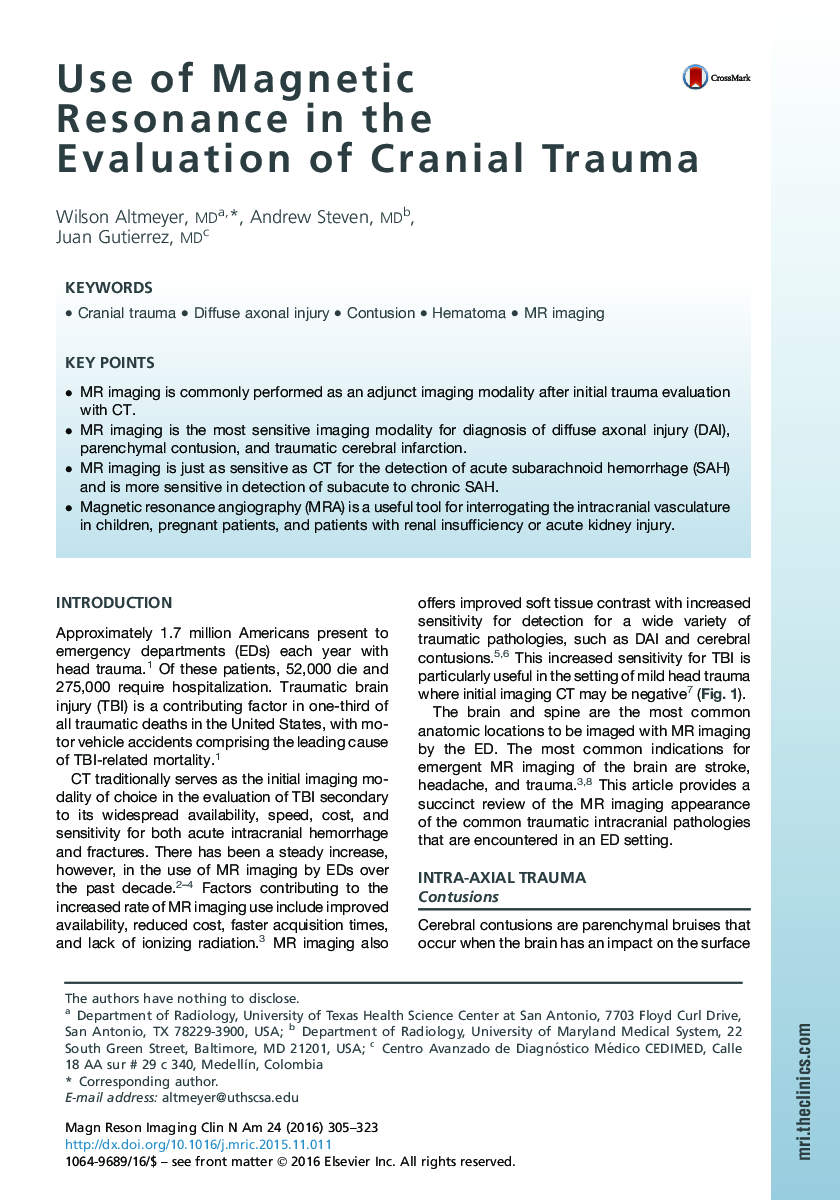 Use of Magnetic Resonance in the Evaluation of Cranial Trauma