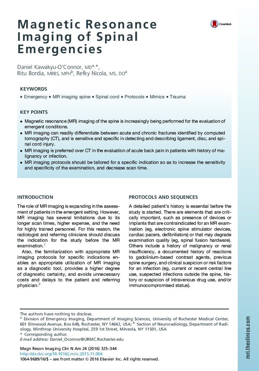 Magnetic Resonance Imaging of Spinal Emergencies