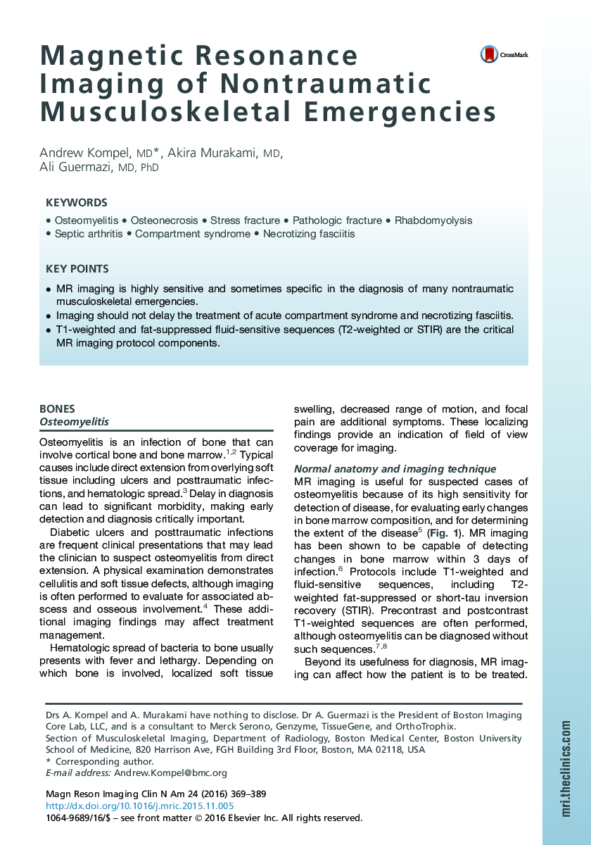 Magnetic Resonance Imaging of Nontraumatic Musculoskeletal Emergencies