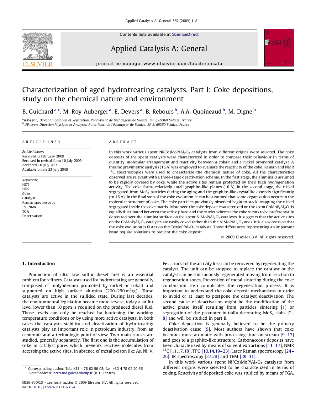 Characterization of aged hydrotreating catalysts. Part I: Coke depositions, study on the chemical nature and environment