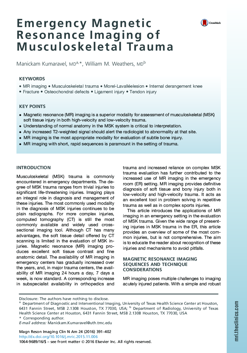 Emergency Magnetic Resonance Imaging of Musculoskeletal Trauma