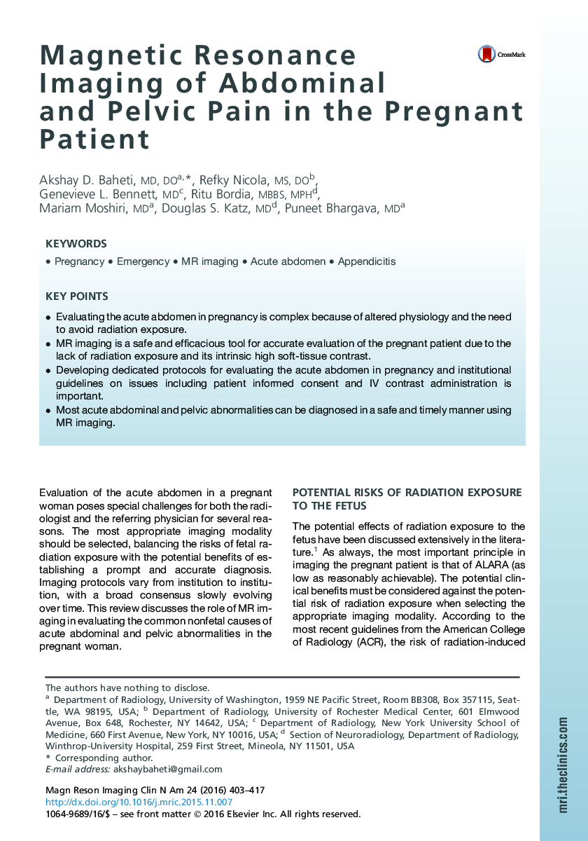 Magnetic Resonance Imaging of Abdominal and Pelvic Pain in the Pregnant Patient