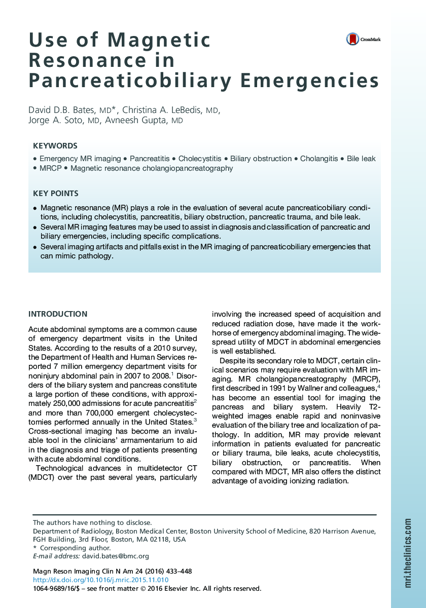 Use of Magnetic Resonance in Pancreaticobiliary Emergencies