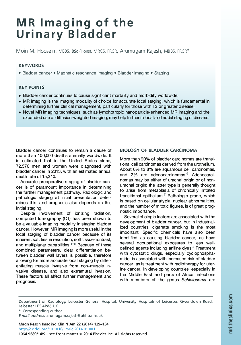 MR Imaging of the Urinary Bladder