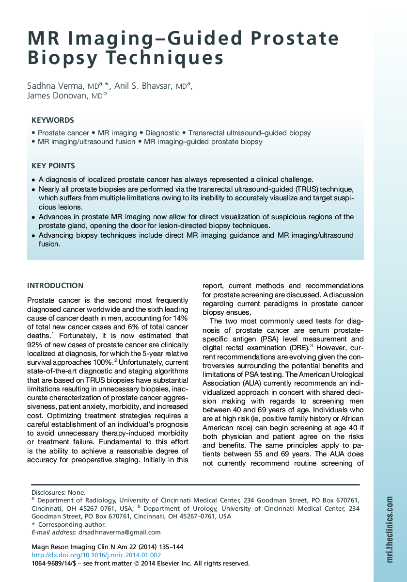 MR Imaging-Guided Prostate Biopsy Techniques