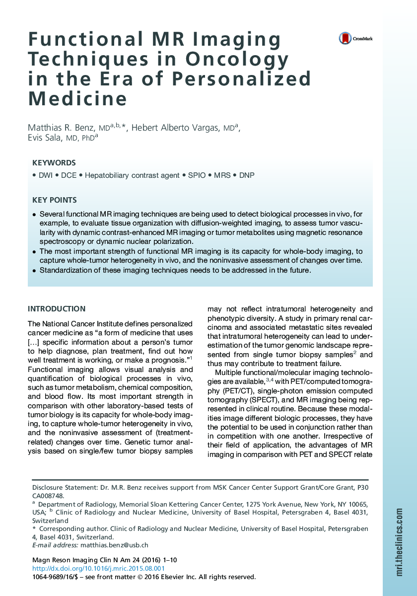 Functional MR Imaging Techniques in Oncology in the Era of Personalized Medicine