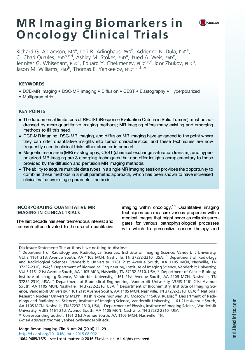 MR Imaging Biomarkers in Oncology Clinical Trials