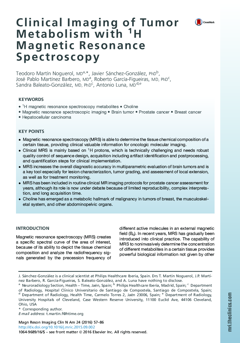 Clinical Imaging of Tumor Metabolism with 1H Magnetic Resonance Spectroscopy