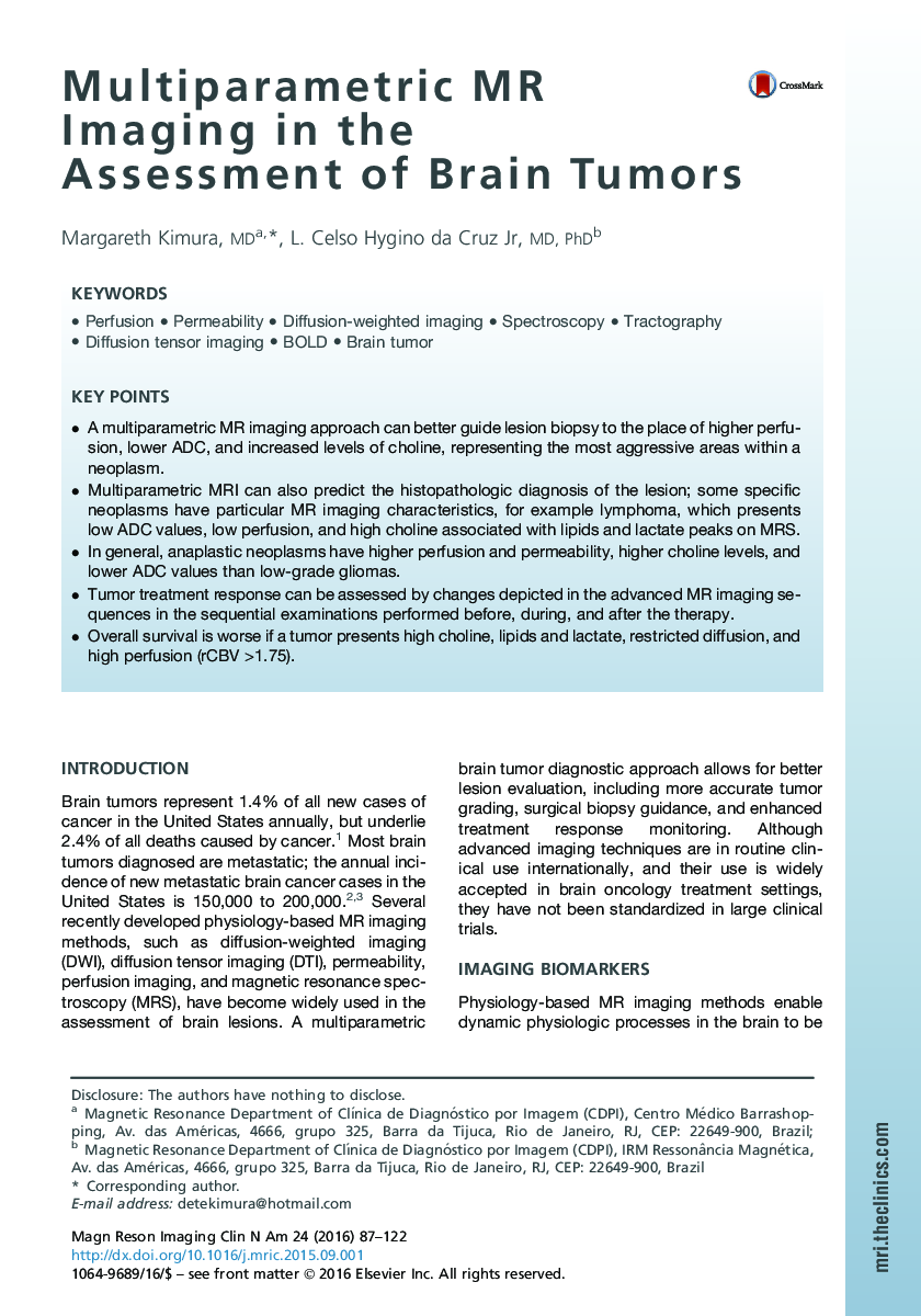 Multiparametric MR Imaging in the Assessment of Brain Tumors