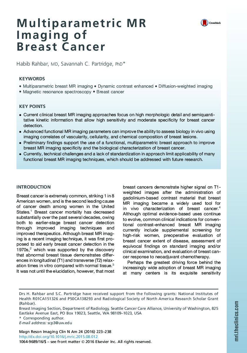 Multiparametric MR Imaging of Breast Cancer