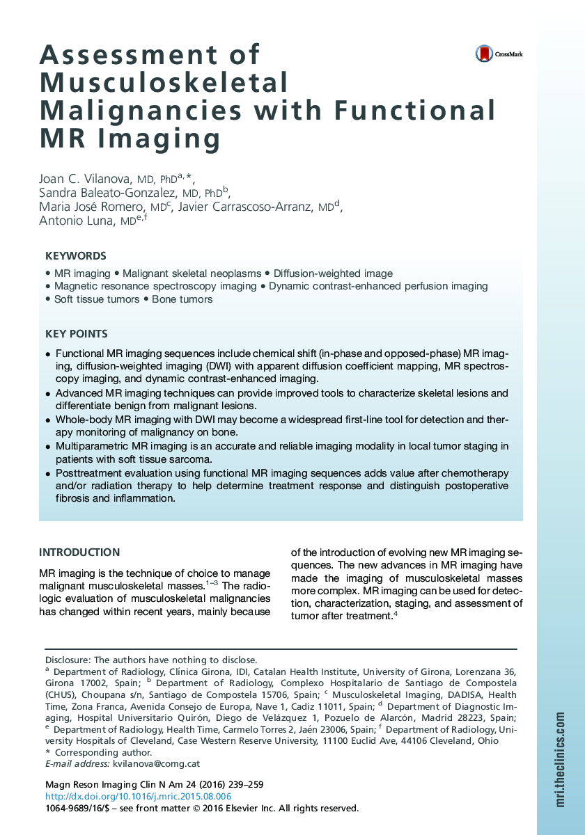 Assessment of Musculoskeletal Malignancies with Functional MR Imaging