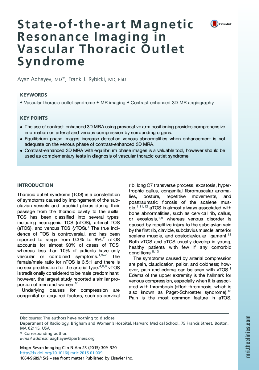 State-of-the-art Magnetic Resonance Imaging in Vascular Thoracic Outlet Syndrome