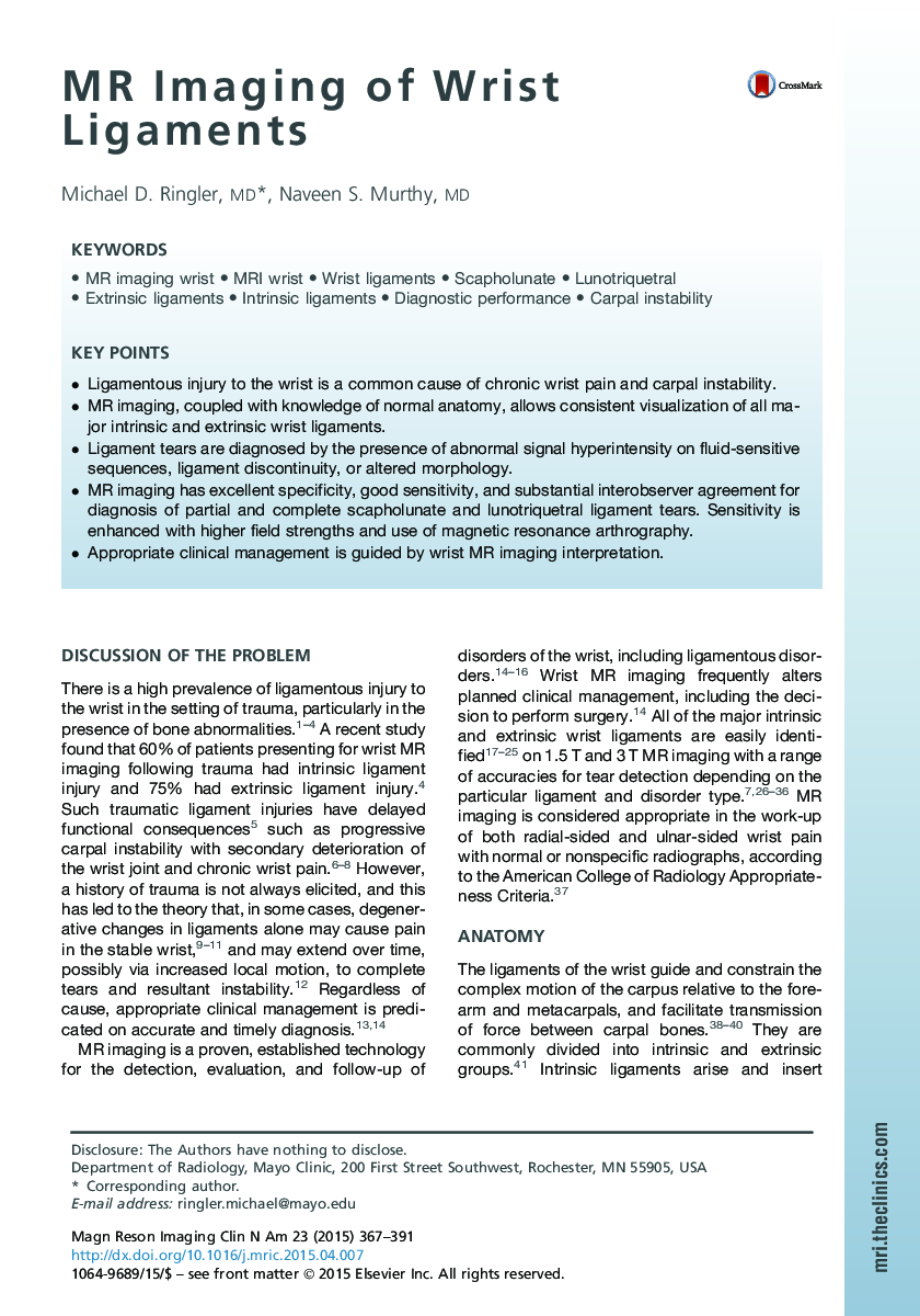 MR Imaging of Wrist Ligaments