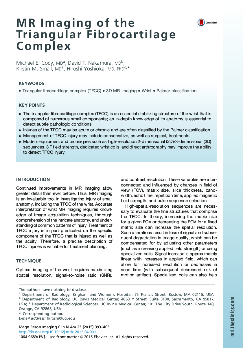 MR Imaging of the Triangular Fibrocartilage Complex