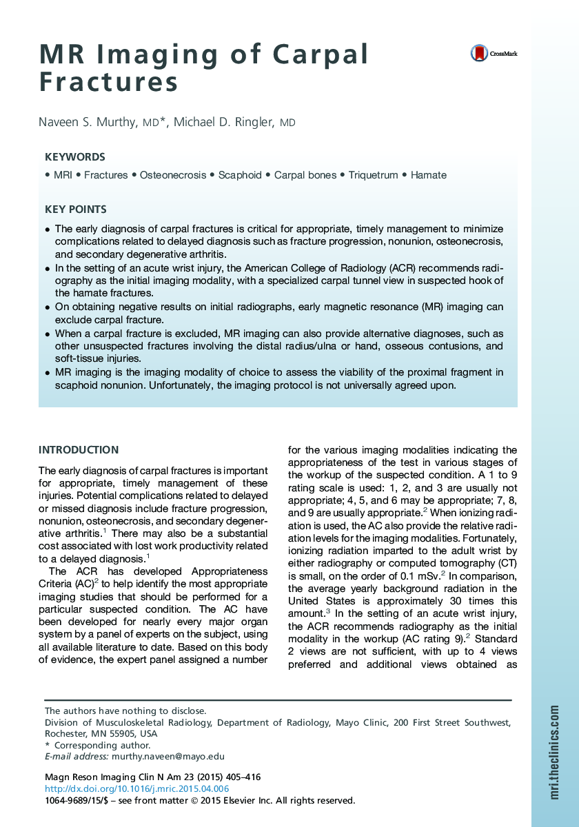 MR Imaging of Carpal Fractures